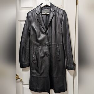 Banana Republic Long Black Leather Jacket Coat Size Medium M Trench Collar